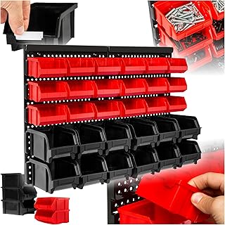 TecTake® Étagère Murale avec 30 Boîtes de Rangement empilables Meuble de Rangement Outillage pour Bricolage Rangement Atelier Garage Rangement Mural de visserie & Clous Organisation du Garage
