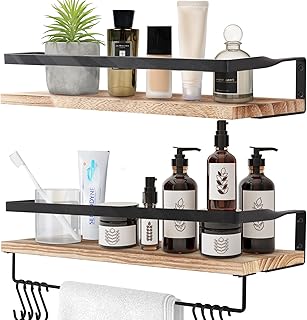 Uten Lot de 2 Étagères Murales en Bois, Design Moderne, avec Porte-Serviettes et Crochets, Rustiques, pour Cuisine, Salle de Bain, Salon, Bureau, 42 x 15 x 7.5 cm, Brun Clair-1