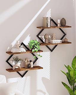 Étagère flottantes, Lot de 2, Étagères murales à 2 Niveaux, Rangements Suspendus avec Cadre métallique losangé, pour Salon, Chambre, Cuisine, Bureau, Marron Rustique et Noir DTBJ01P2BF