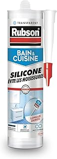 Rubson Bain & Cuisine Mastic Silicone Anti-Moisissures Transparent, mastic sanitaire à base de silicone, mastic étanche renforcé en antifongique, 280 ml