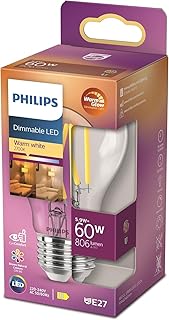 Philips Ampoule LED Classic E27 WarmGlow, 60 W, à intensité variable, claire, blanc chaud