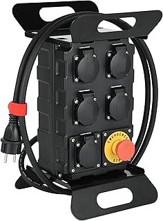 Electraline 60427 Coffret de Chantier 16A, 5 Prises Françaises IP44 16A, avec Disjoncteur Différentiel 30mA et Bouton Poussoir d