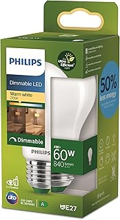 Philips Classic ultra-efficient LED ampoule classe énergétique A, équivalent 60W, culot E27, matt, éclairage blanc chaud (2700K), dimmable, nouvelle génération